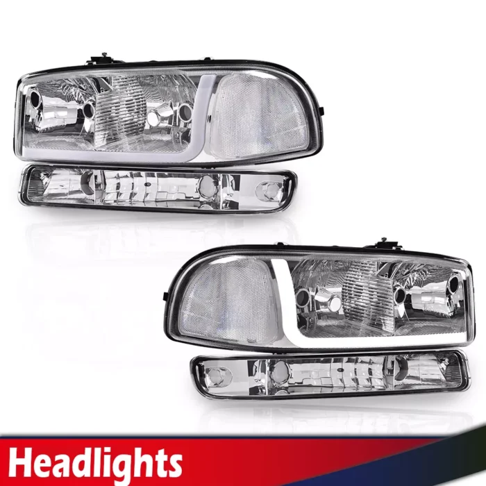 Fit For 99-07 GMC :Yukon LED DRL Chrome Clear Headlights W:Bumper Signal Lamps