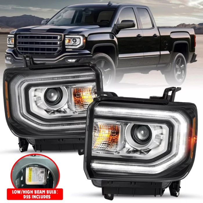 For 2016-2018 GMC Sierra 1500 HID:Xenon LED DRL Projector Headlights Left+Right