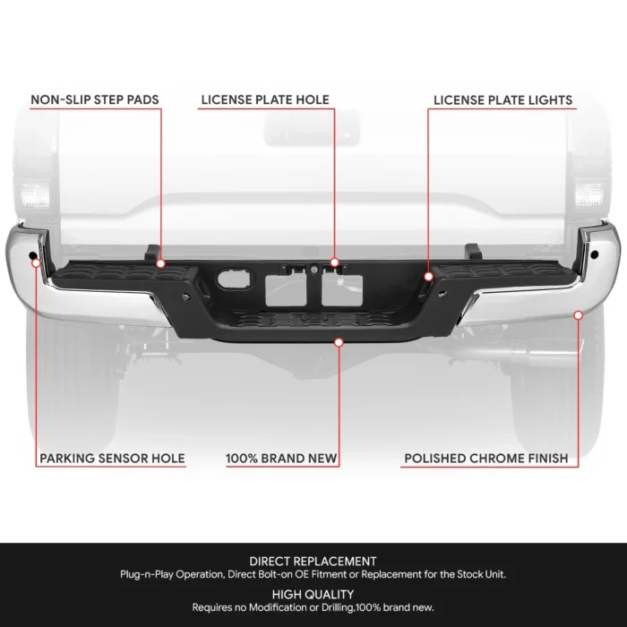 16-23 Toyota Tacoma Chrome Steel Rear Step Bumper Assembly w: Sensor Holes 2