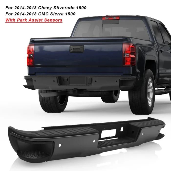 Black Rear Bumper w: Sensor Hole For 2014-2018 Chevy Silverado GMC Sierra 1500 Black Rear Bumper w: Sensor Hole For 2014-2018 Chevy Silverado GMC Sierra 1500